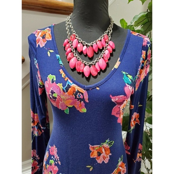 Dearcase Women's Blue Floral Rayon V-Neck Long Sleeve Knee Length Dress Size M - Picture 3 of 12